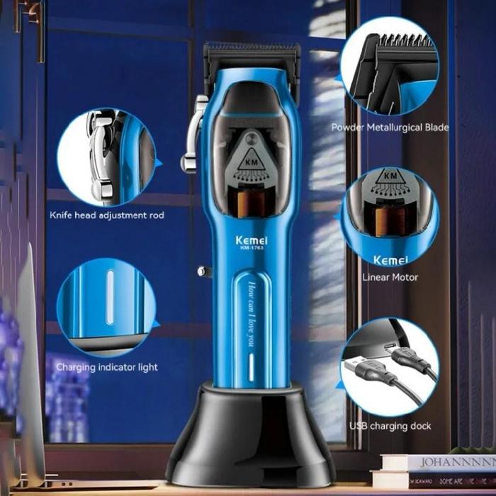 KEMEI 1763 Alat Cukur Rambut Mesin Cukuran 9000 RPM KM 1763 Biru Hitam Hair Clipper 1763 Mesin Cukur Rambut 9000RPM