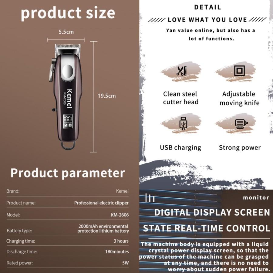 KEMEI 2606 Alat Cukur Rambut Kemei KM-2606 Mesin Cukuran Kemei KM 2606 Professional Hair Clipper Cordless Charging USB T