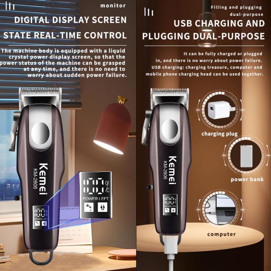 KEMEI 2606 Alat Cukur Rambut Kemei KM-2606 Mesin Cukuran Kemei KM 2606 Professional Hair Clipper Cordless Charging USB T