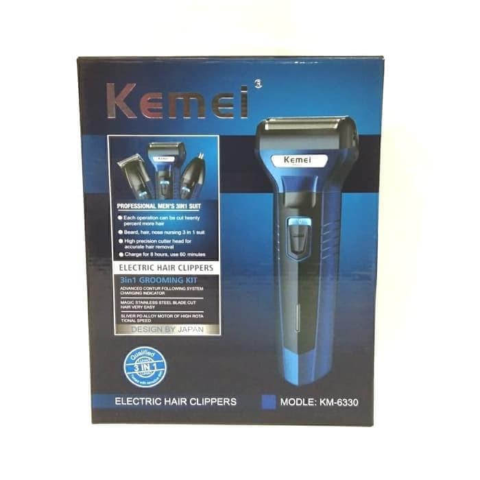 KEMEI 6330 Alat Cukur Rambut Jenggot Kumis Bulu Hidung Kemei KM-6330 3 in 1 Biru 3 Kepala Cukuran Multifungsi KM6330 Mes