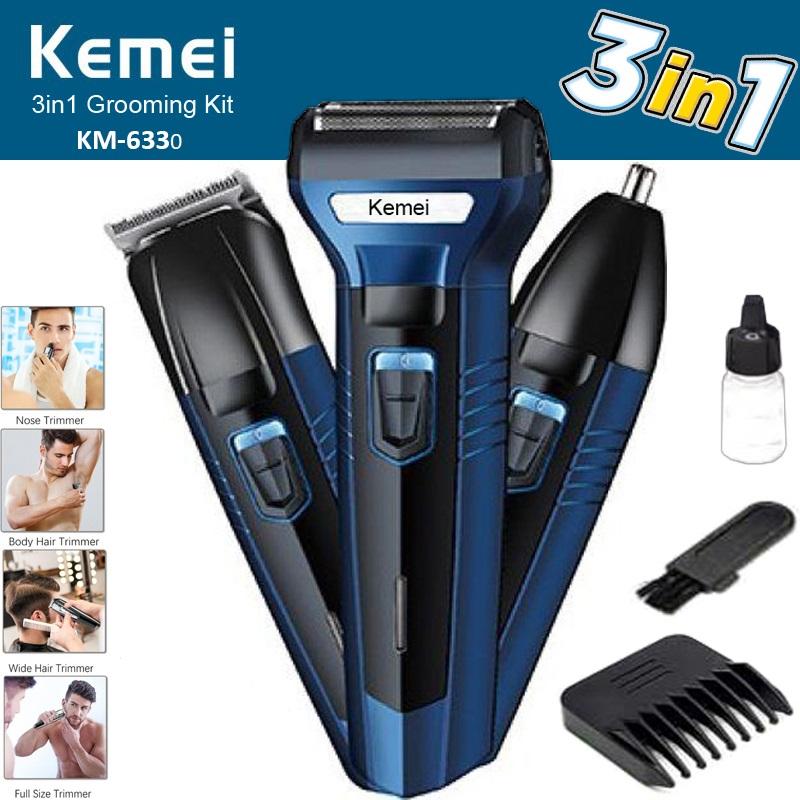 KEMEI 6330 Alat Cukur Rambut Jenggot Kumis Bulu Hidung Kemei KM-6330 3 in 1 Biru 3 Kepala Cukuran Multifungsi KM6330 Mes