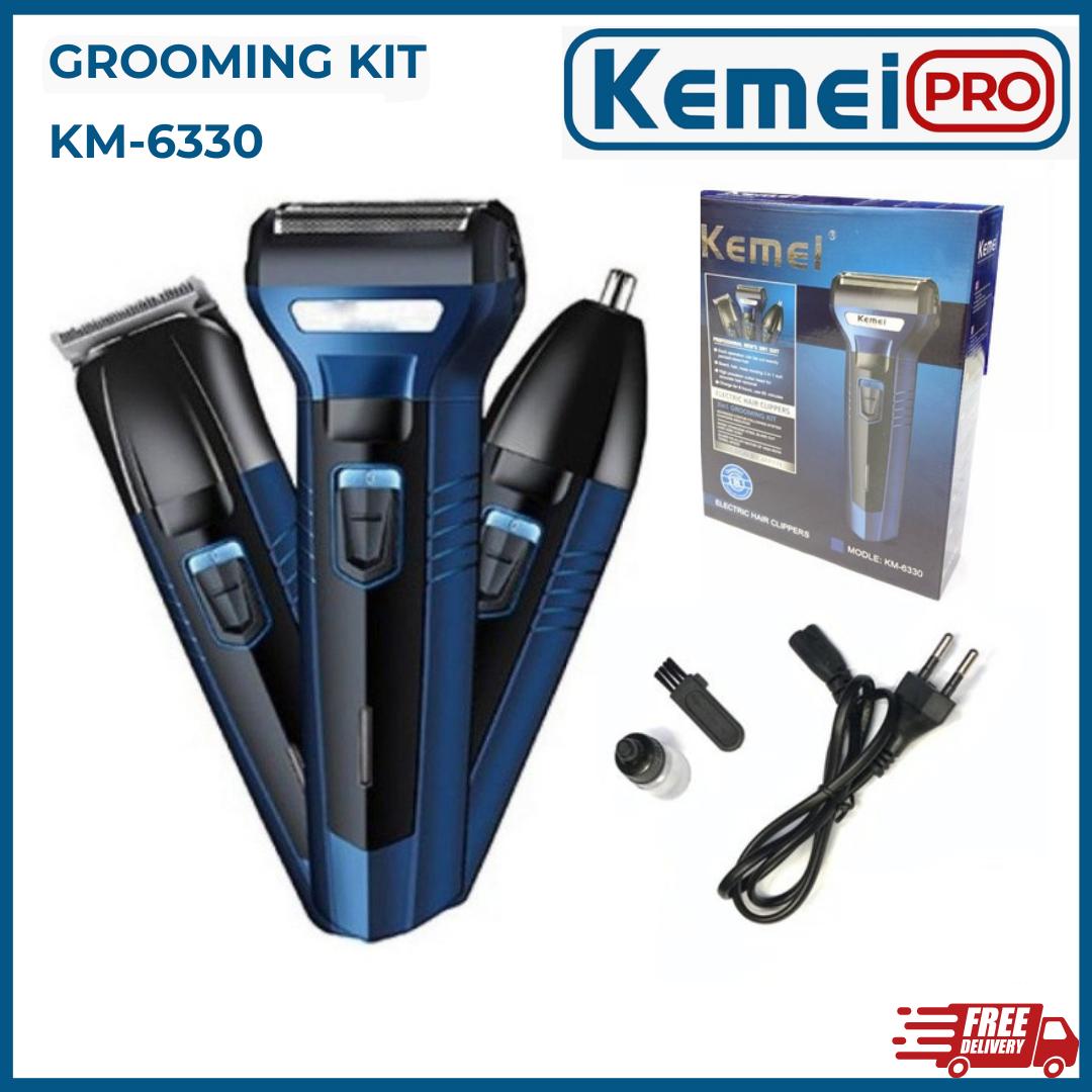 KEMEI 6330 Alat Cukur Rambut Jenggot Kumis Bulu Hidung Kemei KM-6330 3 in 1 Biru 3 Kepala Cukuran Multifungsi KM6330 Mes